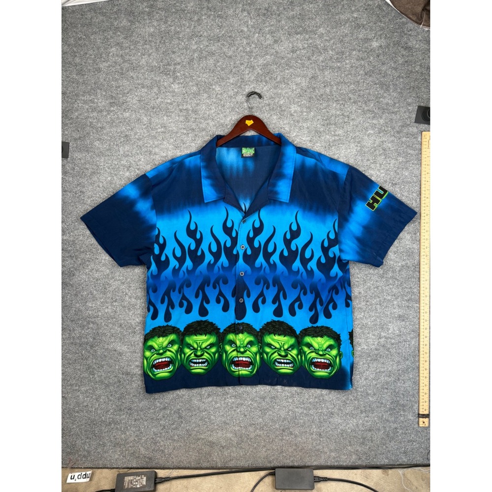 Vintage 2002 Marvel The Incredible Hulk Flame Graphic Button Up Shirt Blue XL